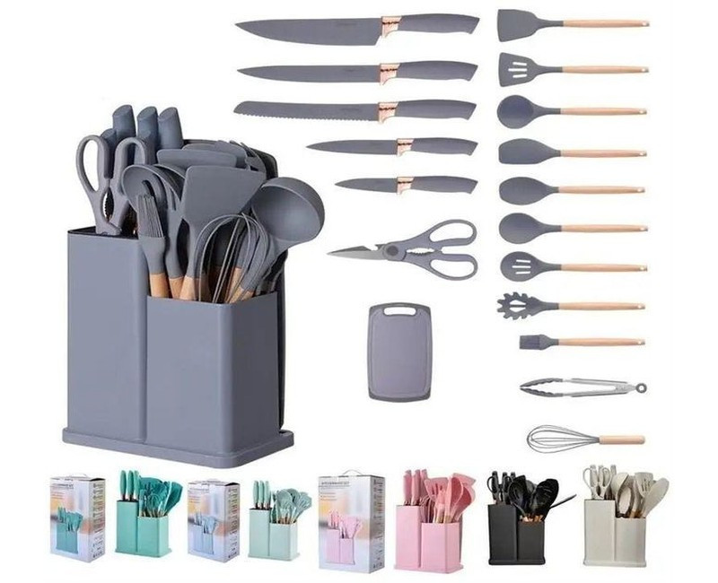 Silicone Kitchen Cooking Utensil Set & Knives - Multicolor