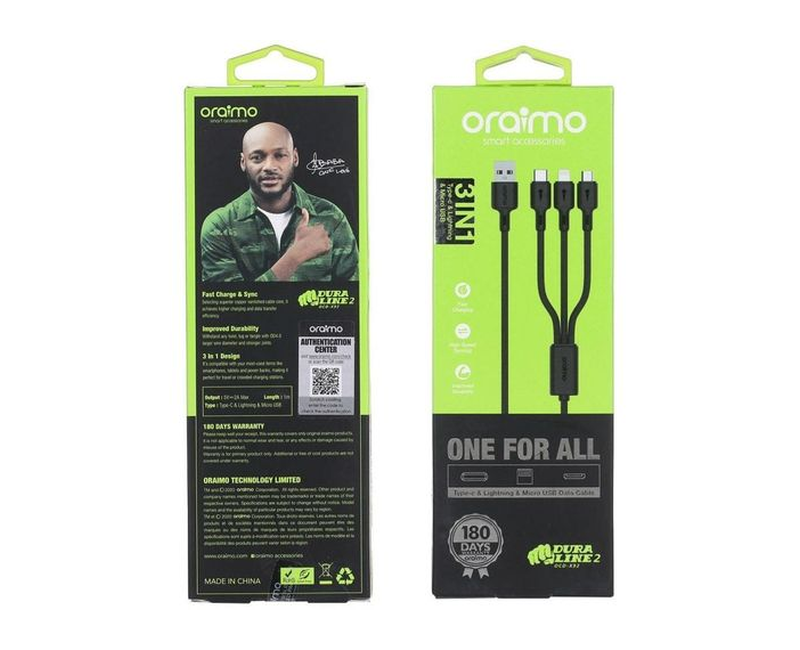 Oraimo 3in1 USB Type C,Lighting & Micro Fast USB Charging & Data Cable - Black