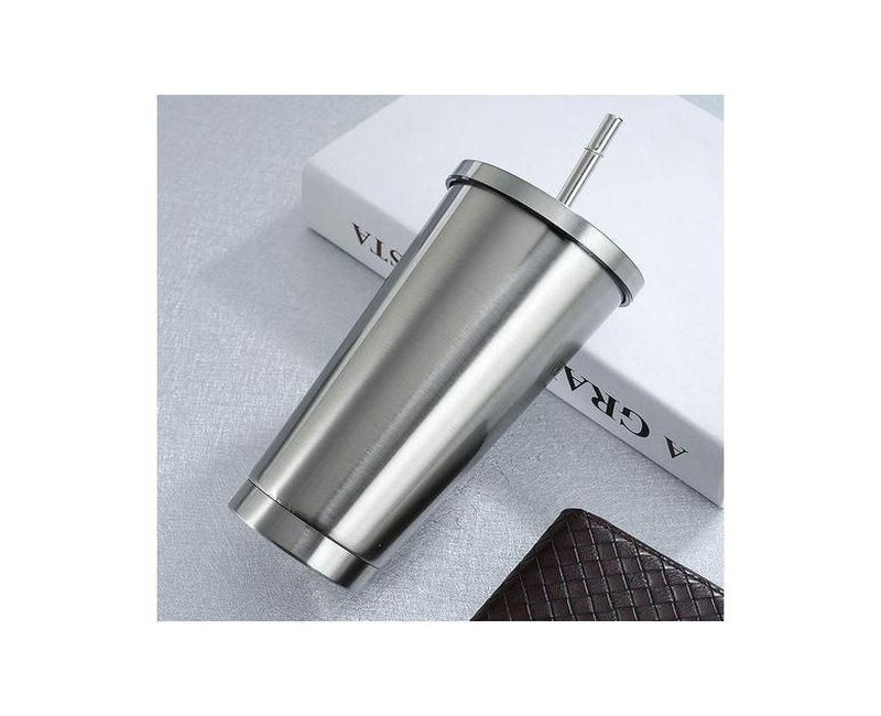 Stainless Steel 500ml Coffee Mug With Lid Tea Cup Thermos Beer Travel Tumbler With Straw- Silver