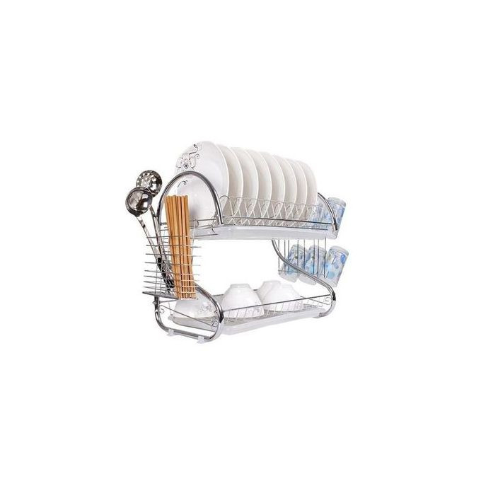 White Label 2 Layer Dish Rack Drainer for Utensils & Cutlery - Silver
