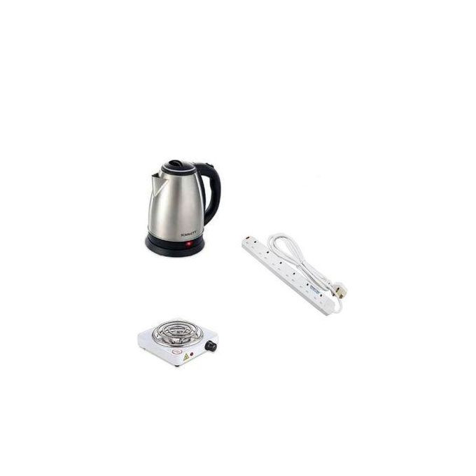 Single Coil Hotplate, 2L Electric Kettle, & 6 Way Extension Cable - White, Silver