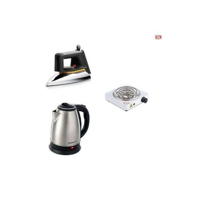 Flat Iron , Electric Kettle 2L & Single Coil Hotplate - Silver