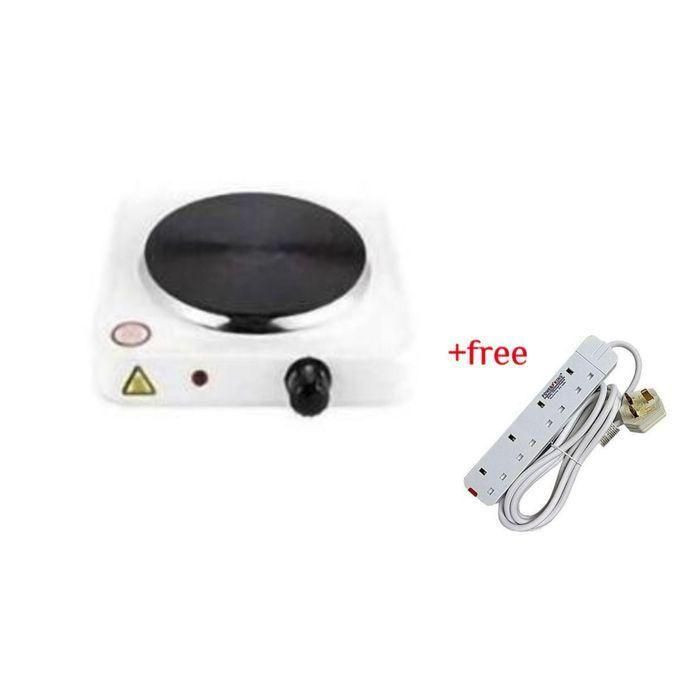 Single Solid Electric Hotplate 1000W Plus A Free 4 Way Extension- Black & White