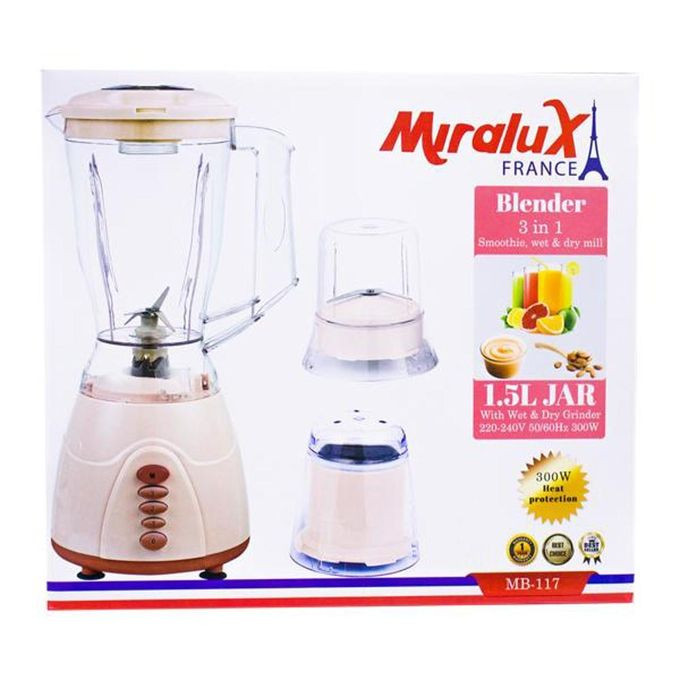 Miralux 1.5L 3 In 1 Juice Blender -MB-117 With Wet & Dry Grinder - White