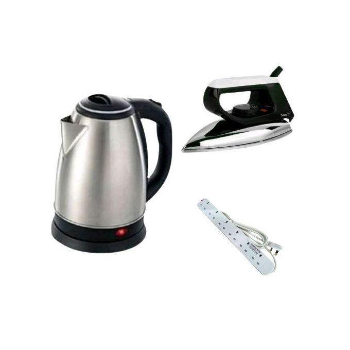 Saachi High Quality Flat Iron, Electric Kettle 2L & Power King 6 Way - Silver