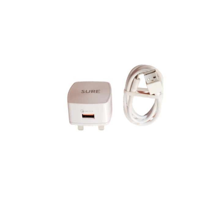 Sure 1USB Ports Super Fast & Quick Charger + Micro USB - White