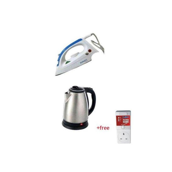 Bundle Of Electric Kettle Percolator 2 Liters & Flat Iron Plus A Free TV Guard - Silver, White