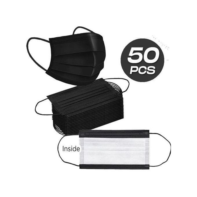 Mask 3 Layer Disposable Protective Face Masks With White Inside Part 50pcs - Black/ White
