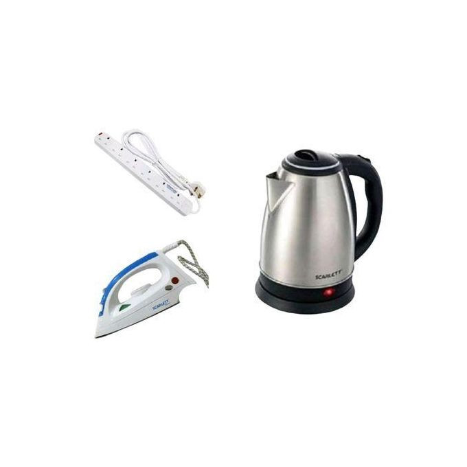 Scarlett Flat Iron, 2L Electric Kettle & Power King 6 Way - Silver75,000