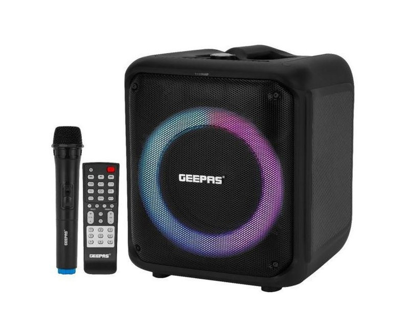 Geepas Rechargeable Party Speaker Bluetooth,TWS Function and FM Radio Lightweight and Portable Design, With Color Control LED Light Multiple Mode Selections and Menu Function-Black