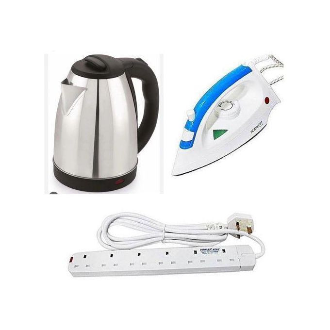 2L Electric Kettle, Steam & Dry Flat Iron Plus A Power King 6 Way - Silver