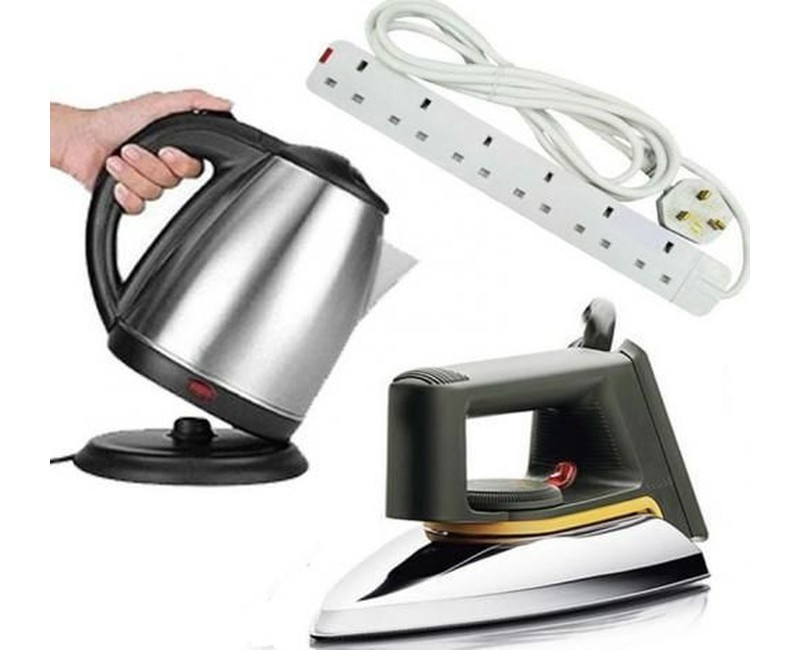 Bundle Flat Iron Electric Kettle 2L & 6 Way Extension -Silver