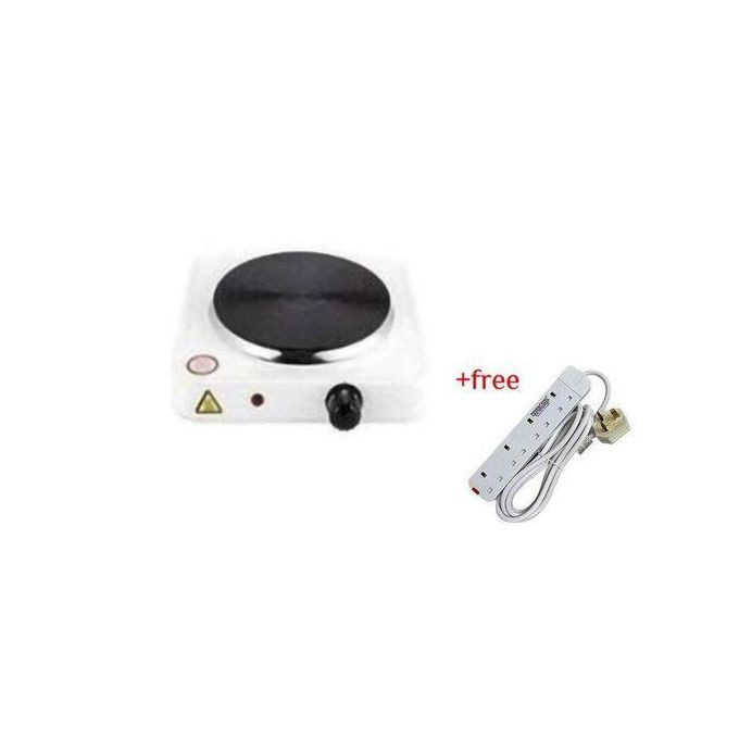 Original Single Solid Electric Hotplate 1000W Plus A Free 4 Way Extension- Black & White
