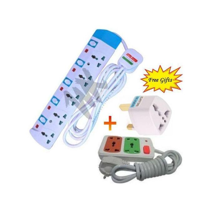 Power King 5 Way Heavy Duty Power Extension Socket With Switch + 2 Way Extension, Adaptor