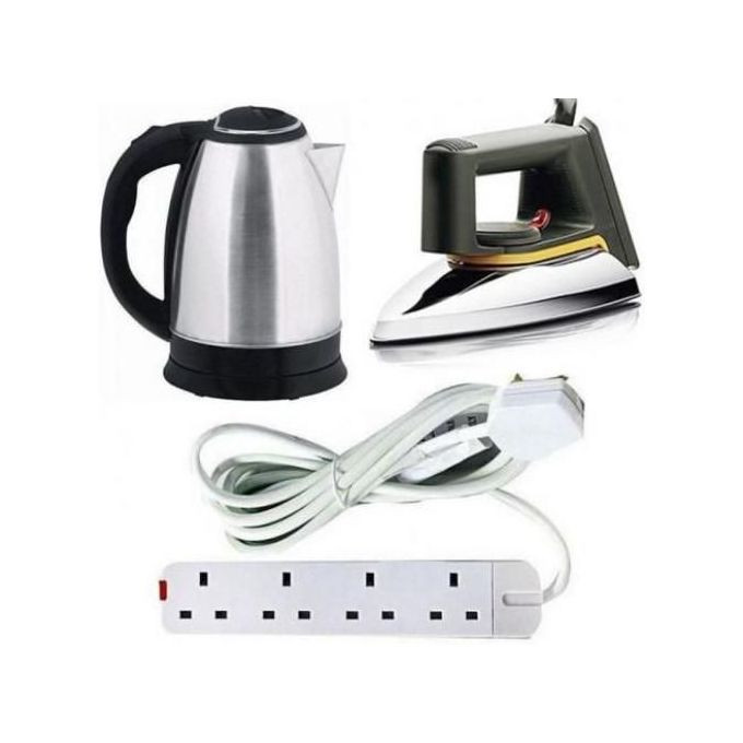 Bundle Of Flat Iron 2L Kettle & 4 Way Extension Cable-Silver