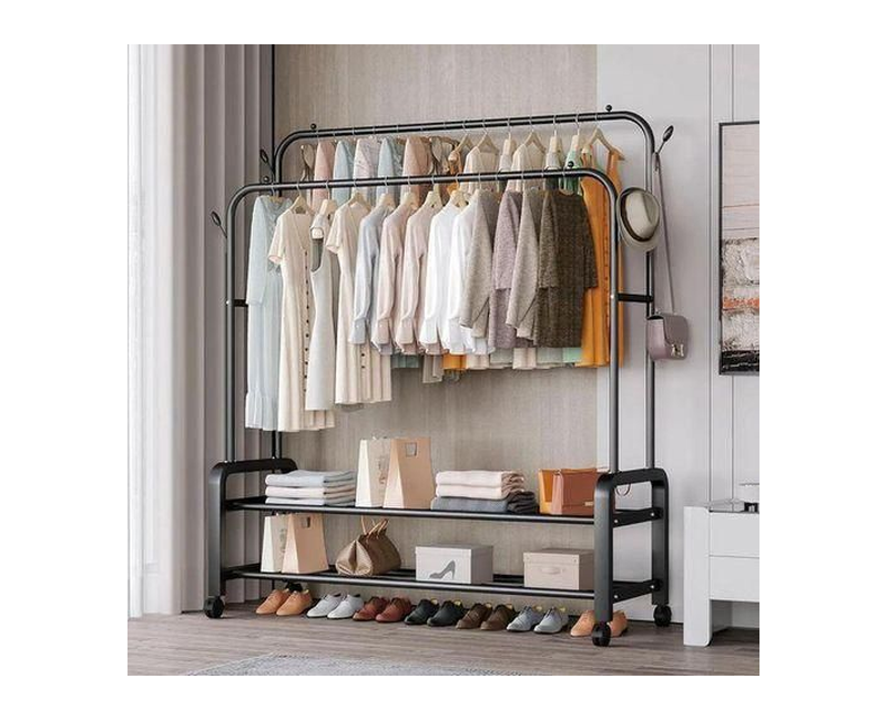 Carbon Steel Double Pole Coat Rack Indoor Bedroom Clothes Drying Rail Balcony Hanging Clothes Shoes Rack Standing Storage Organizer With Ho0oks