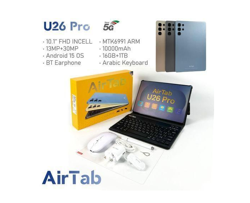 AirTab U26 PRO Smart Tablet Android 15 OS 10.1 FHD Display Incell 16GB RAM + 1TB ROM 13MP + 30MP Camera 3000X1440 ResolutionI MMERSIVE Screen 10000mAh Big Battery 5g Tablet With Keyboard And Mouse BT Earphone MTK6991 ARM- Multicolor.