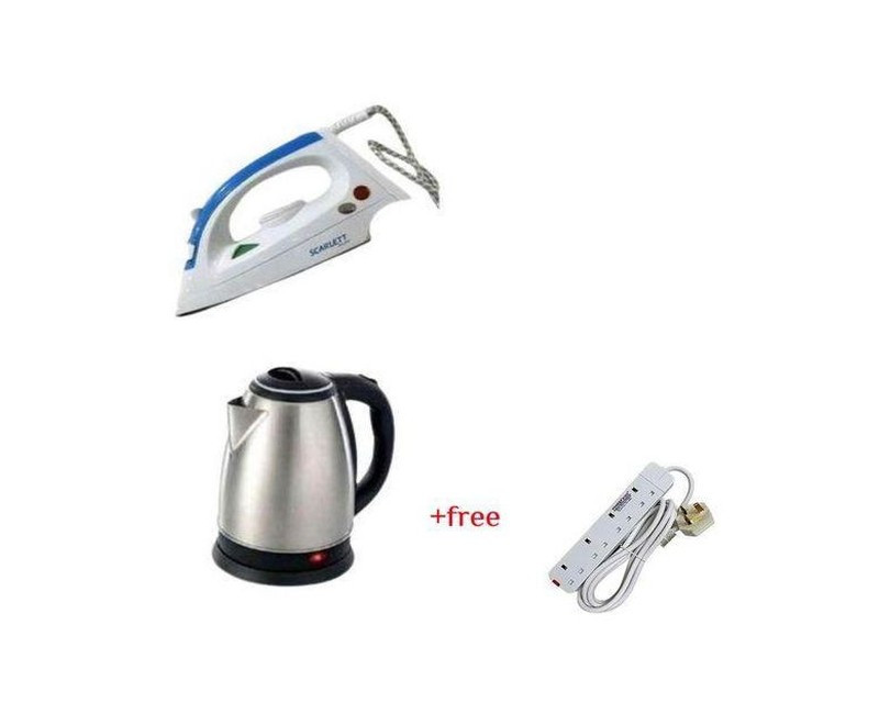 Scarlett Flat Iron & Electric Kettle Percolator 2 Liters Plus A Free 4 Way Extension - Silver, White
