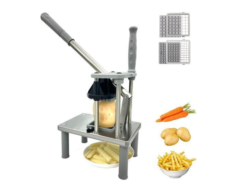 French Fry Cutter For Potatoes With 2 Replacement Blades-Potato Slicer French Fries Chips Slicer Commercial Grade For Homemade Fries And Vegetables- Silver