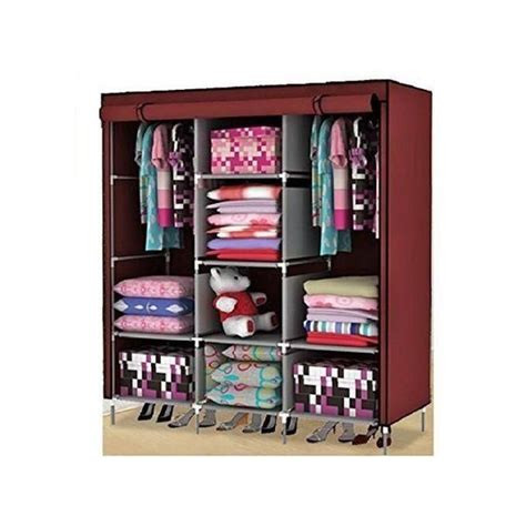 3 Column Clothes& Wooden Frame Portable Wardrobe - Maroon..