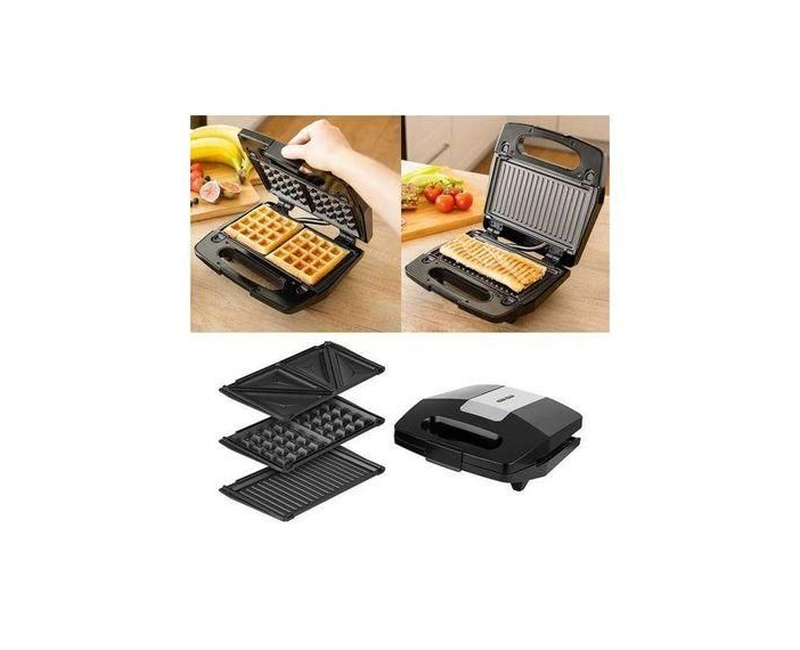 Hoffmans 3 In 1 Waffle Maker Sandwich Barbecue Grill- Black.
