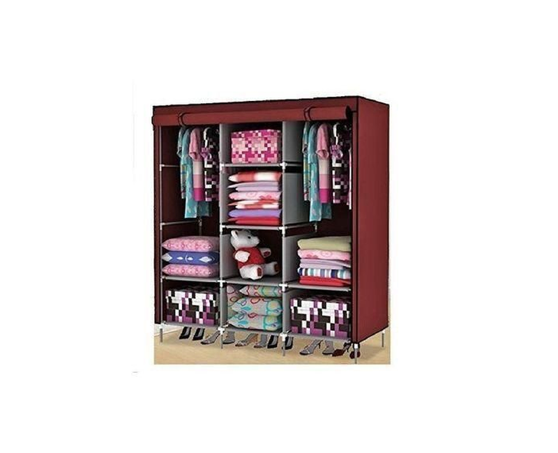3 Column Cloth & Wooden Frame Portable Wardrobe - Maroon.