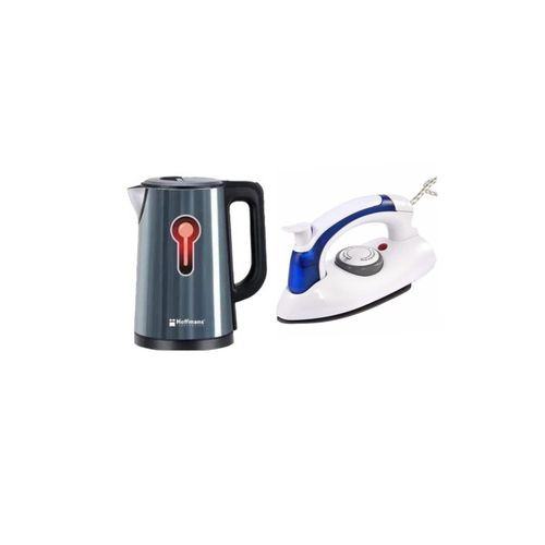 Hoffmans Pack Of Original 2.5Ltrs Electric Tea Kettle For Boiling Water Stainless Steel Double Wall Hot Water Boiler With Automatic Shut Off & Boil-Dry Protection Plus A Mini Foldable Travel Steam Flat Iron Box - Multicolor