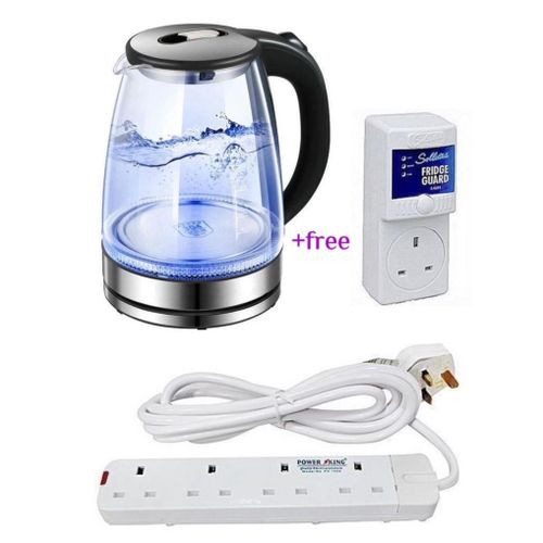 Pack Of 2L Glass Electric Kettle With LED Blue Light With A 4Way Power Extension Plus A Free Fridge Guard- Silver , Black