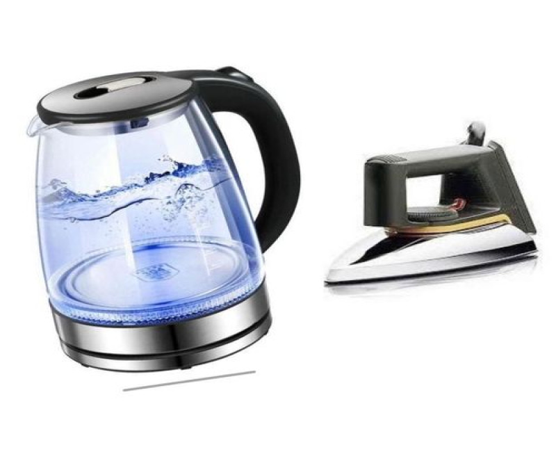 Original 2L Glass Electric Kettle With LED Blue Light Plus A Flat Iron With Non Stick Coating Soleplate - Silver , Black