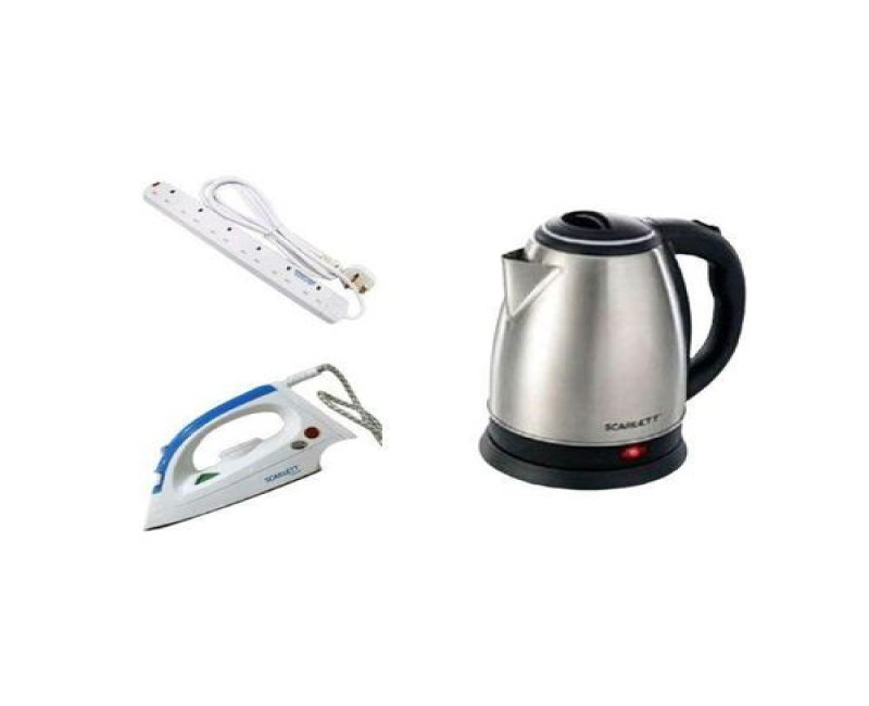 Scarlette Original 2L Electric Kettle, Scarlett Flat Iron, & Power King 6 Way - Silver