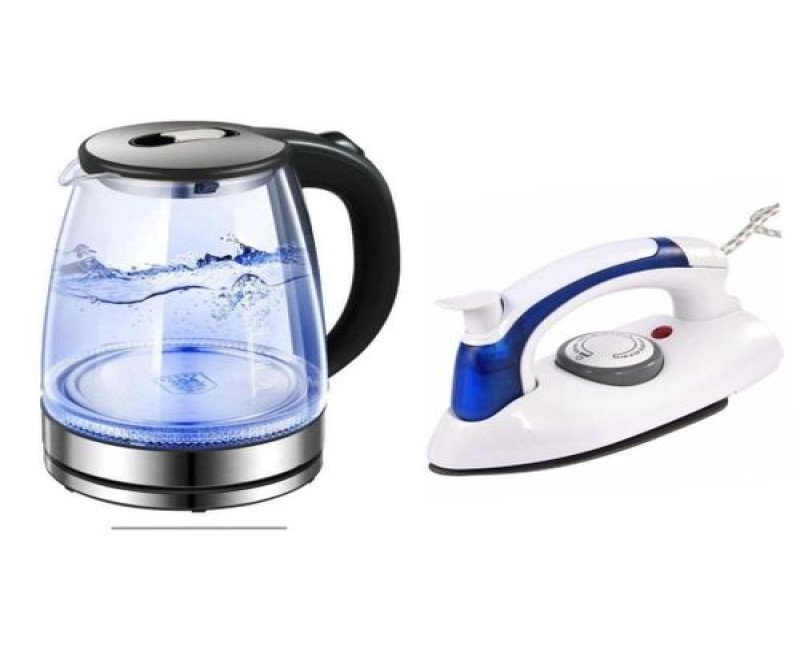 Pack Of Original 2L Glass Electric Kettle With LED Blue Light Plus A Mini Foldable Travel Steam Flat Iron Box- Silver , Black