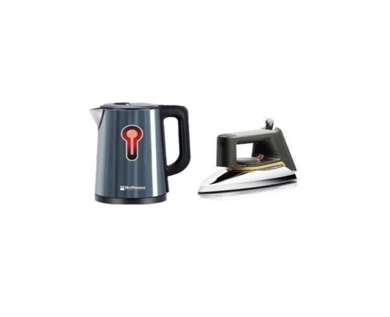 Hoffmans Original 2.5Ltrs Electric Tea Kettle For Boiling Water Stainless Steel Double Wall Hot Water Boiler With Automatic Shut Off & Boil-Dry Protection Plus A Flat Iron With Non Stick Coating Soleplate - Multicolor
