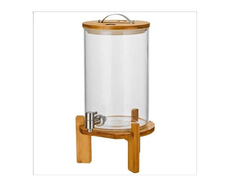 10 Liters Glass Beverage Juice Drinks Dispenser With Wooden Stand Tap And Cover For Serving At Parties Bars-Transparent