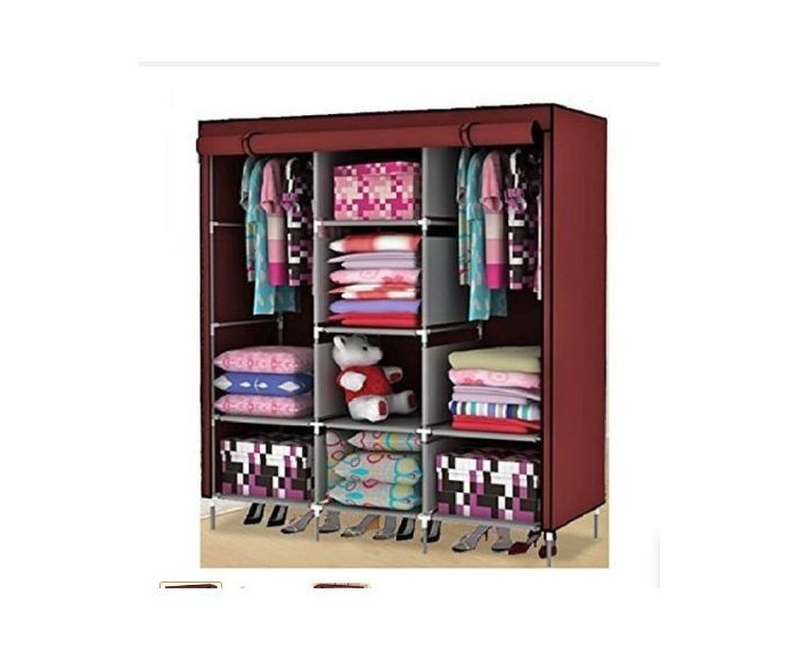 3 Column Cloth & Metallic Frame Portable Wardrobe - Color May Vary