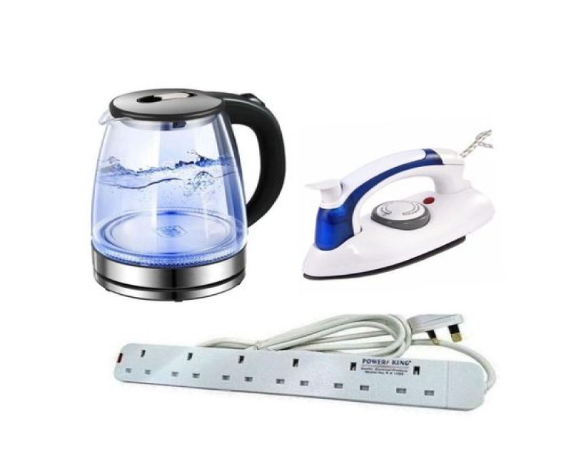 Pack Of Original 2L Glass Electric Kettle With LED Blue Light With A Mini Foldable Travel Steam Flat Iron Box And A 6way Heavy Duty And Durable Extension Cable- Silver , Black