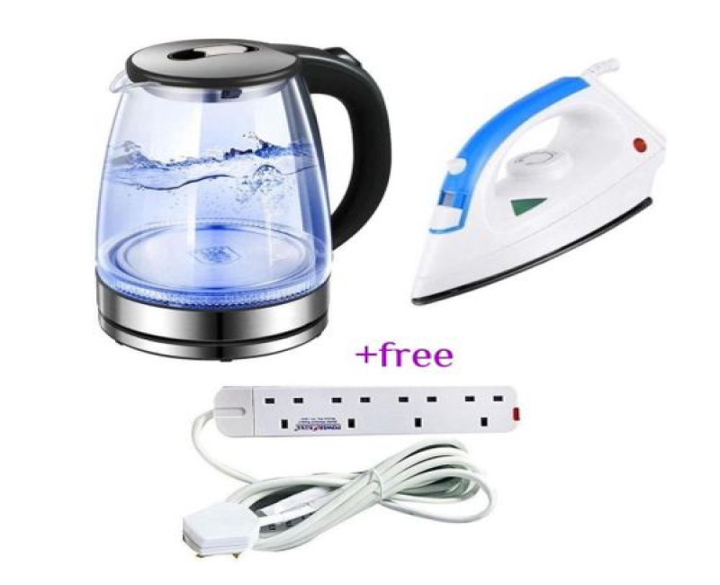Original 2L Glass Electric Kettle With LED Blue Light And A Non Stick Steam Flat Iron Plus A Free 4Way Power Extension Cable- Silver , Black
