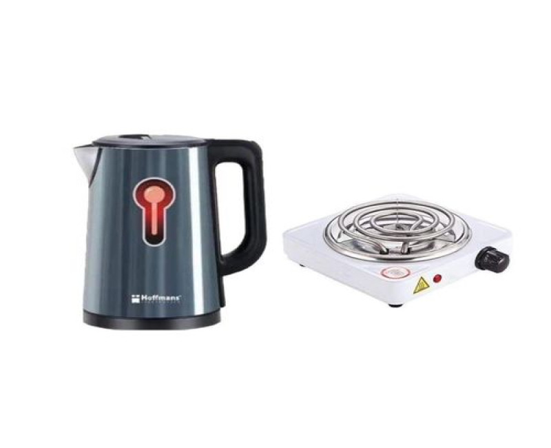 Hoffmans Pack Of Original 2.5Ltrs Electric Tea Kettle For Boiling Water Stainless Steel Double Wall Hot Water Boiler With Automatic Shut Off & Boil-Dry Protection Plus A Single Coil Hot Plate 1000W- Multicolor