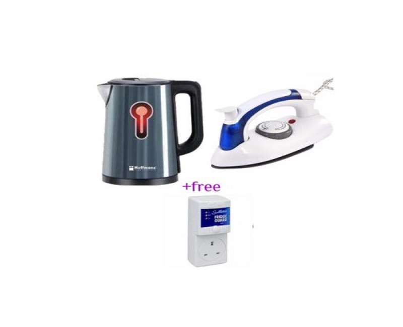 Hoffmans Pack Of Original 2.5Ltrs Electric Tea Kettle For Boiling Water Double Wall Hot Water Boiler With Automatic Shut Off & Boil-Dry Protection Plus A Mini Foldable Travel Steam Flat Iron Box And A FREE Fridge Guard High Voltage Protector- Multicolor..