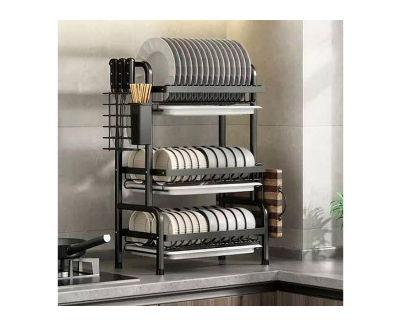 3 Layer Stainless Steel All Black Dish Kitchen Rack Organizer -Black