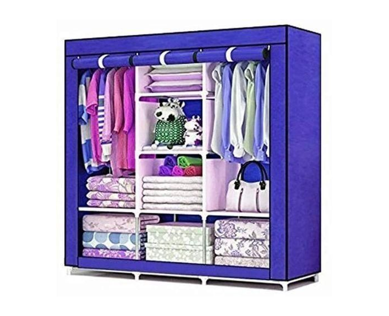 Strong Portable 3 Column Wooden Cloth Wardrobe - Blue, Maroon, Pink, Purple.