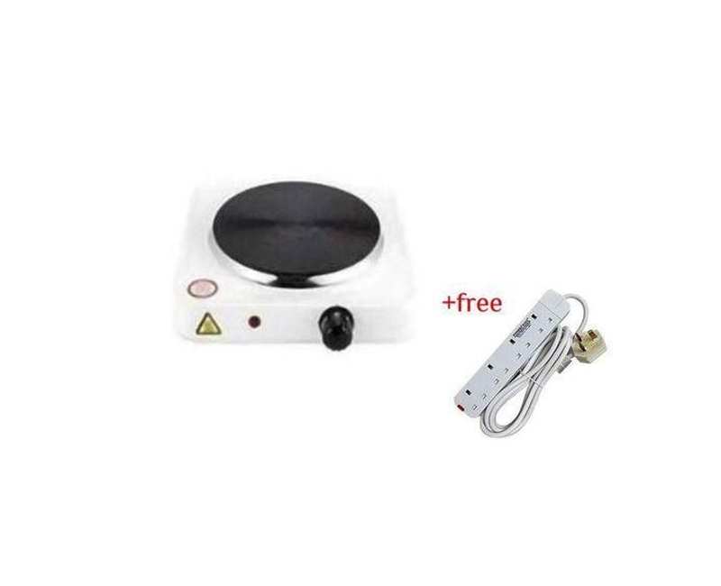 Single Solid Electric Hotplate 1000W Plus A Free 4 Way Extension- Black & White
