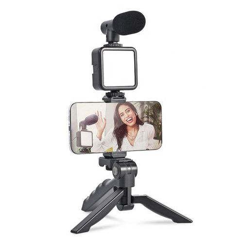 Video Making, Vlogging Kit Bluetooth Remote, Mic, Mini Tripod Stand, LED Light & Phone Holder Clip - Multicolor