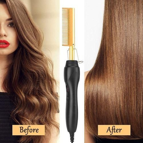 Hot Comb Hair Straightener Heat Pressing Combs - Ceramic Electric Hair Straightening Comb, Curling Iron For Natural Black Hair Beard Wigs Holiday Gift - Black