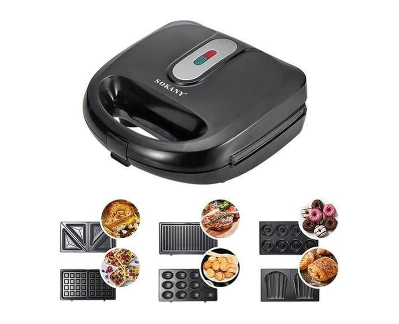 Waffle Sandwich Maker 6 In 1 Grill Compact Waffle Makers With Removable Plates Non-stick Coating Electric Sanwich Iron Set For Breakfast-Black