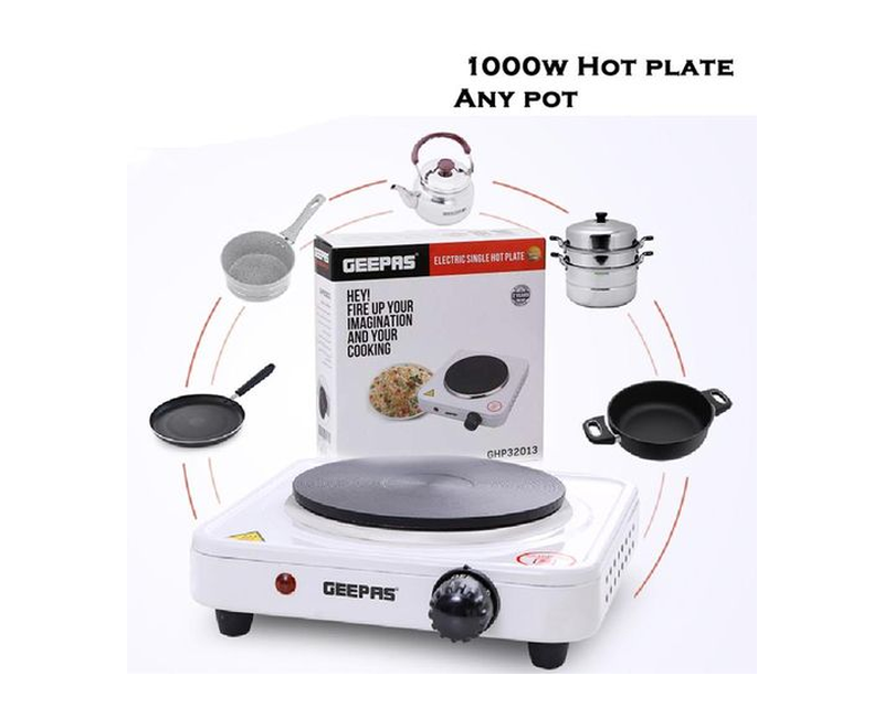 Geepas 1000W Single Hot Plate Precise Table Top Cooking Cast Iron Heating Plate Portable Electric Hob Single Burner with Adjustable Thermostat, White