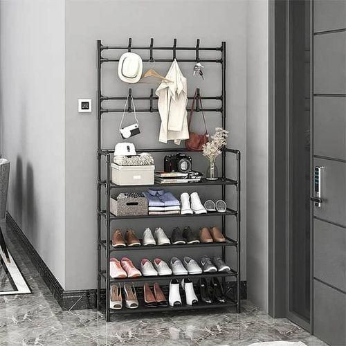 5 Tier Shoe Shelf Storage Organizer with Hooks - Black/White