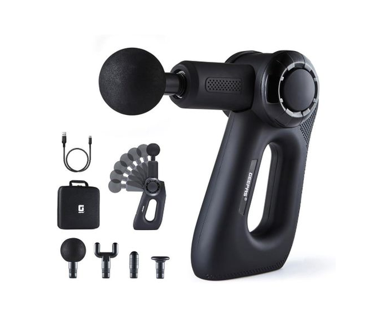 Geepas Portable Massage Gun Deep Tissue 4 Heads 3 Adjustable Angles 5 Speeds Muscle Massager for Pain Relief & Recovery USB-C Rechargeable 6H Battery Gifts for Men Women-Black
