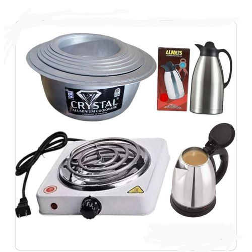 Bundle 4 IN 1 Single Coil Hot Plate, 8Pcs Set Of Aluminium Saucepans, Fast Boiling Percolator 2Litres Plus Stainless Steel Vacuum Flask Jug - 2.0L, Silver