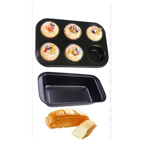 6-Holes Cupcake Baking Tray /Oven Tray Pan Plus Non Stick Bread/Loaf Baking Pan Cake Mould Bread Loaf Pan - Black