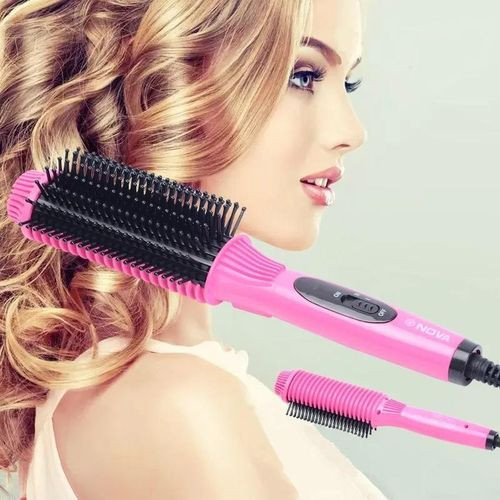 Hair Auto Straightener Salon Designer Electric Comb Salon Straight Curly Ion Hair Style Nova Hair Auto Straightener Salon Designer Electronic Iron Hair Straightener Brush - Pink